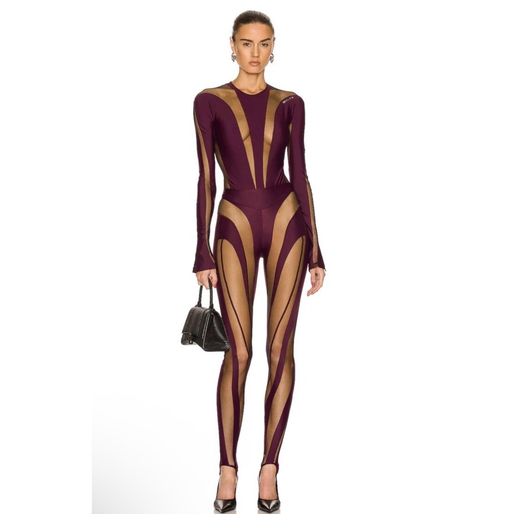 NWT Mugler Sheer Spiral Stirrup LeggingsRaisin Black Mesh Illusion FR 38 US‎ 6